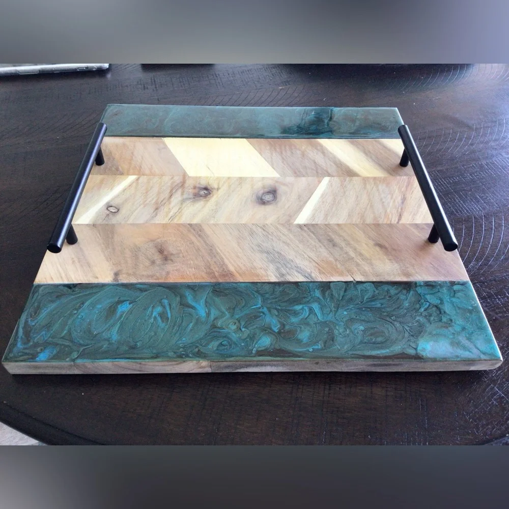 Elegant Wooden and Teal Serving Tray